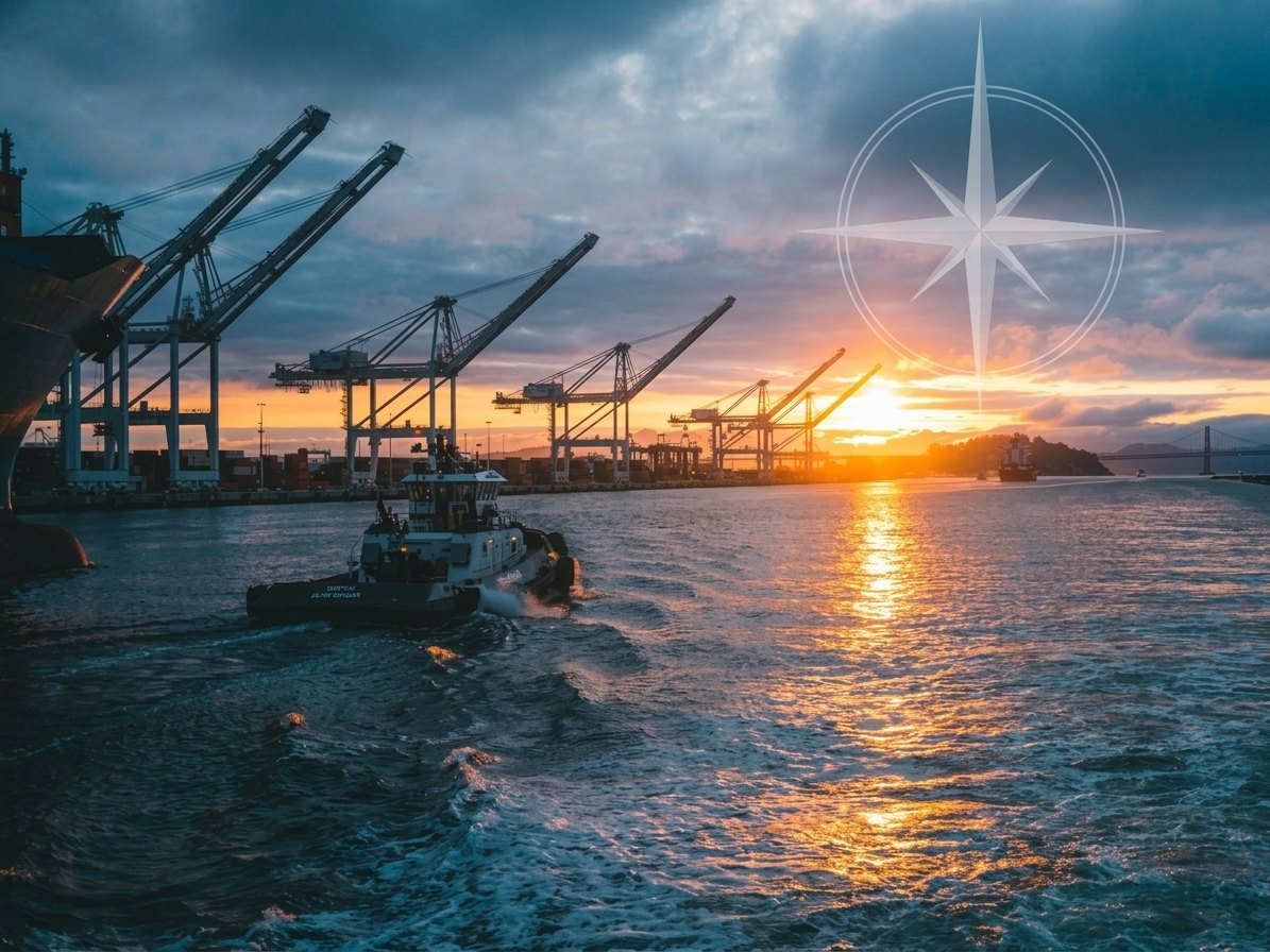 Container cranes at a working port at sunset, with a tug moving across the water and a compass star in the sky